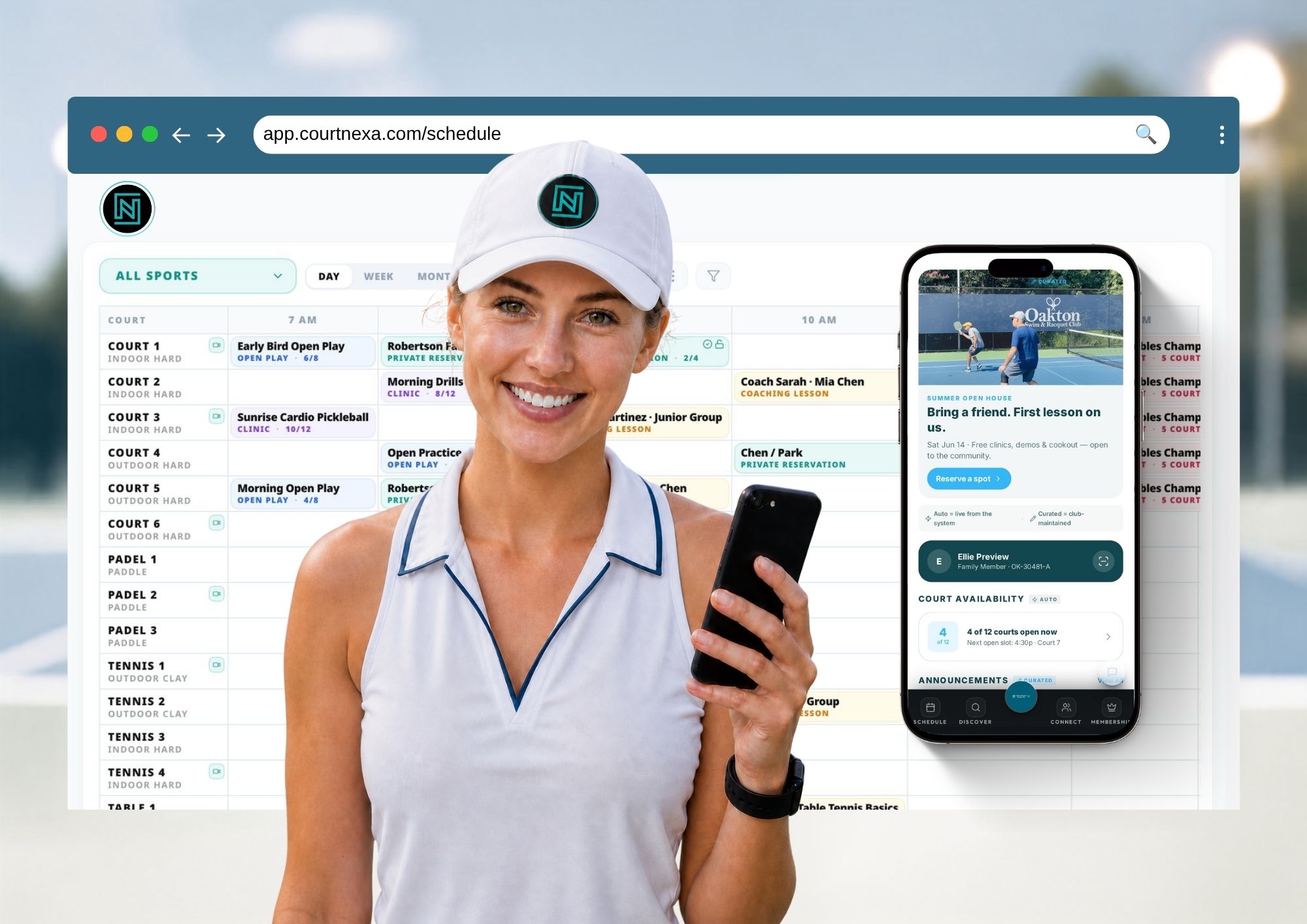 CourtNexa schedule and member app shown on desktop and mobile